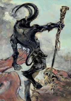 a painting of a demon holding a staff