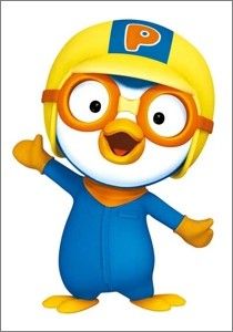 a cartoon penguin wearing glasses and a yellow hat with his arms out in the air