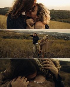 two people standing in a field with one woman kissing the other while another man holds his head