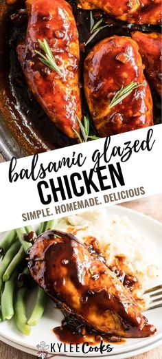 balsamic glazed chicken in a skillet with rice and green beans