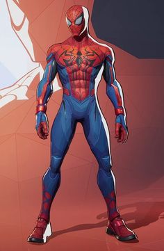 a spider man standing in front of a red and blue background