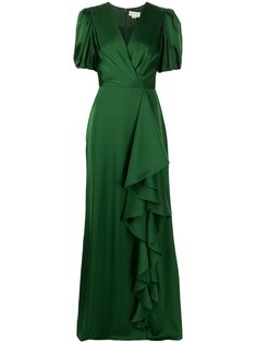 emerald green ruffled detailing plunging V-neck short puff sleeves wrap design concealed rear zip fastening draped design floor-length Emerald Lace Dress, Mother Of The Bride Dresses Green Classy, Green Draped Dress, Winter Formal Gown, Green Mother Of The Bride Dresses, Draping Gown, Kondangan Couple, Emerald Green Evening Gown, Drape Gown