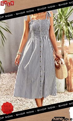 Smocked Tie Strap Sleeveless Striped Midi Dress Striped Midi Dress, Elevate Your Style, Smocking, Your Style, Midi Dress, Free Shipping