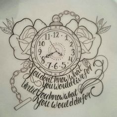 a drawing of a clock with words written on the face and flowers in the background