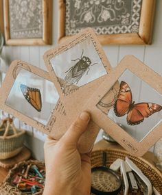 a person holding up three pictures of butterflies in front of a basket with other things on it