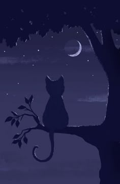 a cat sitting on top of a tree branch under a night sky with stars and moon