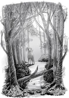 a drawing of an animal standing in the middle of a forest with lots of trees