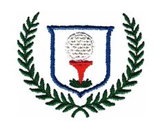 the crest of a golf club embroidered on a white shirt with blue and red trim