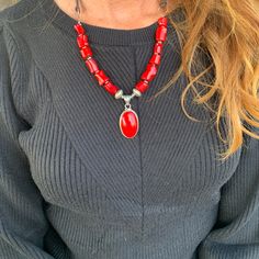 Custom Red Necklace by Panhandle Red. This is a must have staple. It will match almost every outfit. Looks fabulous. Red Coral Necklace, one of a kind piece. Toggle closure. Made in Idaho, USA Post Falls Idaho, Red Coral Necklace, Outfit Looks, American Turquoise, Red Necklace, Red Jewelry, Coral Necklace, Rings Necklaces, Custom Necklace