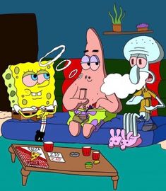 spongebob and patrick are sitting on the couch