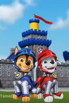 two cartoon dogs sitting next to each other in front of a castle