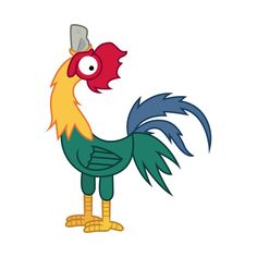 a cartoon rooster with a red head and blue tail