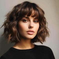 Dark Wavy Bob, French Bob With Bangs Mid Length, Chin Length Bob Hairstyles With Bangs, Curly Chin Length Bob, Short Bangs Curly Hair, Layered Bob Hairstyles Chin Length, Curly Layered Bob With Bangs, Curly Hair Bob With Bangs, Short Curly Hair With Fringe