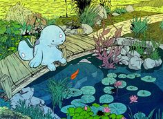 there is a drawing of a fish on the bridge over the pond with lily pads