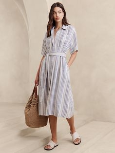 Pleated Linen-Blend Midi Shirtdress | Banana Republic Factory Casual Dress With Relaxed Fit And Spread Collar, Collared Dresses With Pockets For Vacation, Casual Button Front Midi Shirt Dress, Casual Midi-length Shirt Dress With Placket, Casual Midi Length Shirt Dress With Placket, Midi Length Shirt Dress With Pockets For Vacation, Vacation Midi Shirt Dress With Pockets, Vacation Shirt Dress With Pockets, Midi Length, Knee-length Shirt Dress With Pockets For Vacation