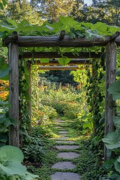 a garden with lots of green plants growing on the side of it and a stone path leading to an archway