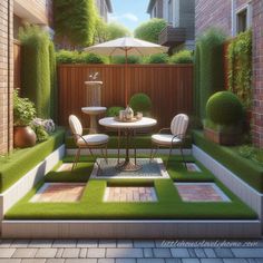 a small patio with grass and plants surrounding the table, surrounded by potted bushes