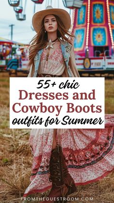 a woman wears dress and cowboy boots for summer, western outfits Summer Dress With Cowboy Boots, Boots And Dresses Outfit, Boho Party Outfit, Boots Outfit Street Style, Cowboy Boots And Dresses Outfit, Summer Cowboy Boots, Cowboy Boots Summer, Dresses And Cowboy Boots