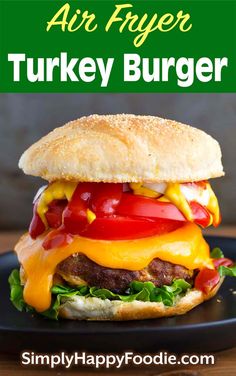 an air fryer turkey burger on a black plate