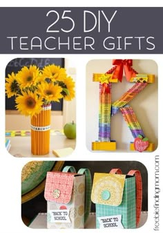 the cover of 25 diy teacher gifts, with sunflowers in vases