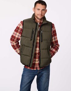 Men looking for outerwear for spring should check this puffer vest with pockets. It's filled with Ecoplume insulation to keep the heat but not the bulk. Alternate Aesthetic, Mens Puffer Vest, Vest With Pockets, Check Coat, Winter Vest, Handsome Man, Olive Color, Puffer Vest, Men Looks