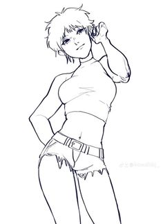 a drawing of a girl with short hair and jeans, holding her hand up to her ear