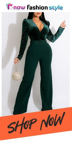 Green Sexy Solid Split Joint V Neck Straight Jumpsuits Elegante Y Chic, Green Jumpsuit, Jumpsuit Online, Long Jumpsuits, Long Sleeve Jumpsuit, Jumpsuit Fashion, Office Ladies, Wholesale Fashion, Chic Design