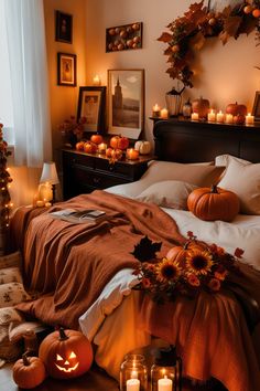 Get ready for Halloween night with spooktacular style. Discover how to elevate your home decor and create an enchanting atmosphere. 🦇🌟 #HalloweenNight #ElegantDecor #ChicSpooks Spooky Halloween Room Decor, Thanksgiving Bedroom Decor, Halloween Ambiance, Halloween Home Aesthetic, Halloween Themed Bedroom, Halloween Bedroom Decor, Antiqued Candle Holders, Halloween Bedroom