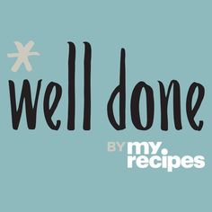 the words'well done by my recipes'are written in black on a blue background