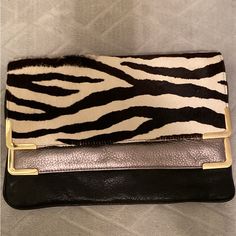 Calf Hair Zebra, With Gunmetal And Black Leather. Double Flaps/Pockets. New With Tags! Discontinued! Michael Kors Clutch, Michael Kors Wristlet, Bags Michael Kors, Zippered Clutch, Michael Kors Wallet, Orange Leather, Leather Wristlet, Calf Hair, Handbags Michael Kors