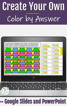 a laptop computer with the words create your own color by answer on it and an image of