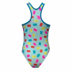 a child's one piece swimsuit with colorful bears on it