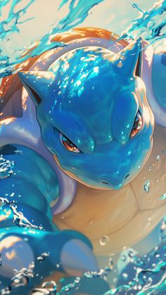 a close up of a pokemon figurine in the water with its eyes closed