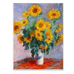 a painting of sunflowers in a vase on a table