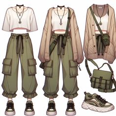 an anime character is wearing green cargo pants and a white t - shirt, while holding a bag