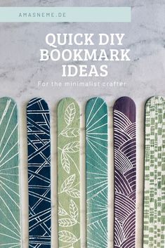 four wooden bookmarks are lined up against a marble background with the title quick diy bookmark ideas for the minimalist crafter