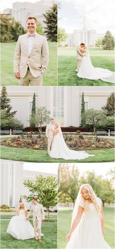 a bride and groom posing for pictures in front of the white building at their wedding