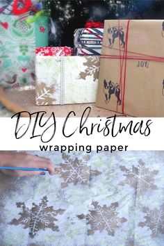 wrapping paper with the words diy christmas wrapping paper on it and presents wrapped in brown paper