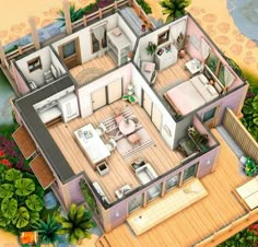 an aerial view of a house with lots of furniture and plants on the ground floor