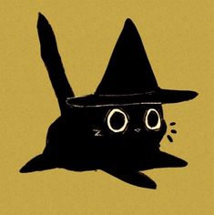 a black cat wearing a witches hat on top of it's head and eyes