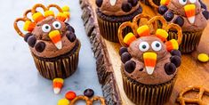 cupcakes decorated to look like turkeys with pretzels on the side