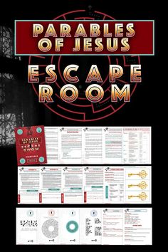 a poster with the words parables of jesus escape room in red and yellow on it