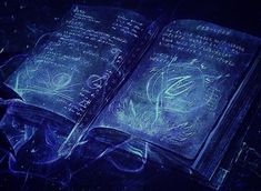 an open book sitting on top of a table covered in blue lights and writing symbols