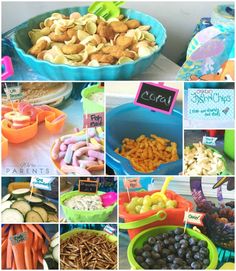 a collage of pictures with different foods and snacks in them, including apples, carrots, grapes, blueberries, cucumbers