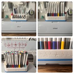 four pictures show different types of crochet markers and pencils in a holder