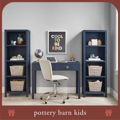 a room with a desk, bookshelf and baskets on the floor in front of it