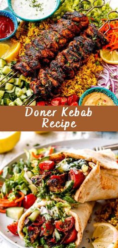 a plate full of food with the words done kebab recipe on it and an image