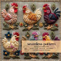 an image of some colorful roosters on a piece of cloth with the words seamless pattern