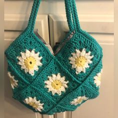 Handmade, Crocheted Purse. Crocheted With Acrylic Yarns. Lining Is Hand-Sewn. Green Crochet Bag For Spring, Yellow Crochet Tote Bag For Spring, White Square Crochet Bag For Spring, Yellow Crochet Bag For Spring, Spring Yellow Crochet Bag, Spring Crochet Bag With Granny Square For Daily Use, Spring Square Crochet Bag With Granny Square Details, Spring Crochet Bag With Granny Square Design, Spring Everyday Crochet Bag With Granny Square Design