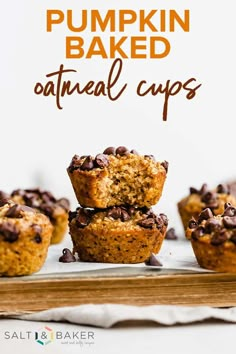 pumpkin baked oatmeal cups stacked on top of each other with chocolate chips